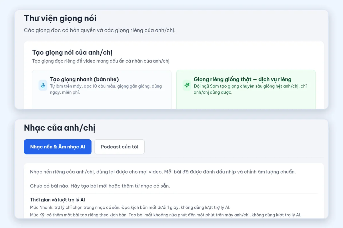 Màn hình Thư viện giọng nói và màn hình Nhạc trong AutoVideo